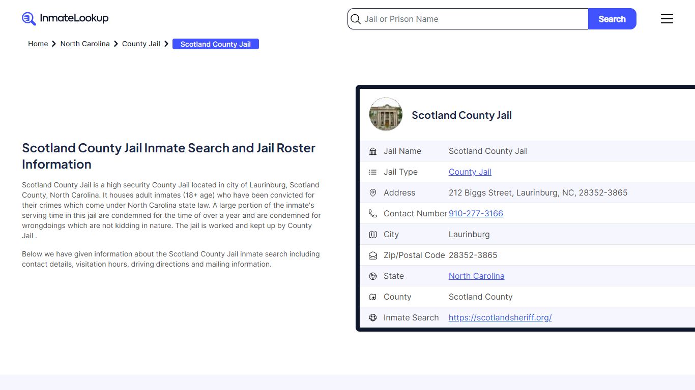 Scotland County Jail (NC) Inmate Search North Carolina - Inmate Lookup